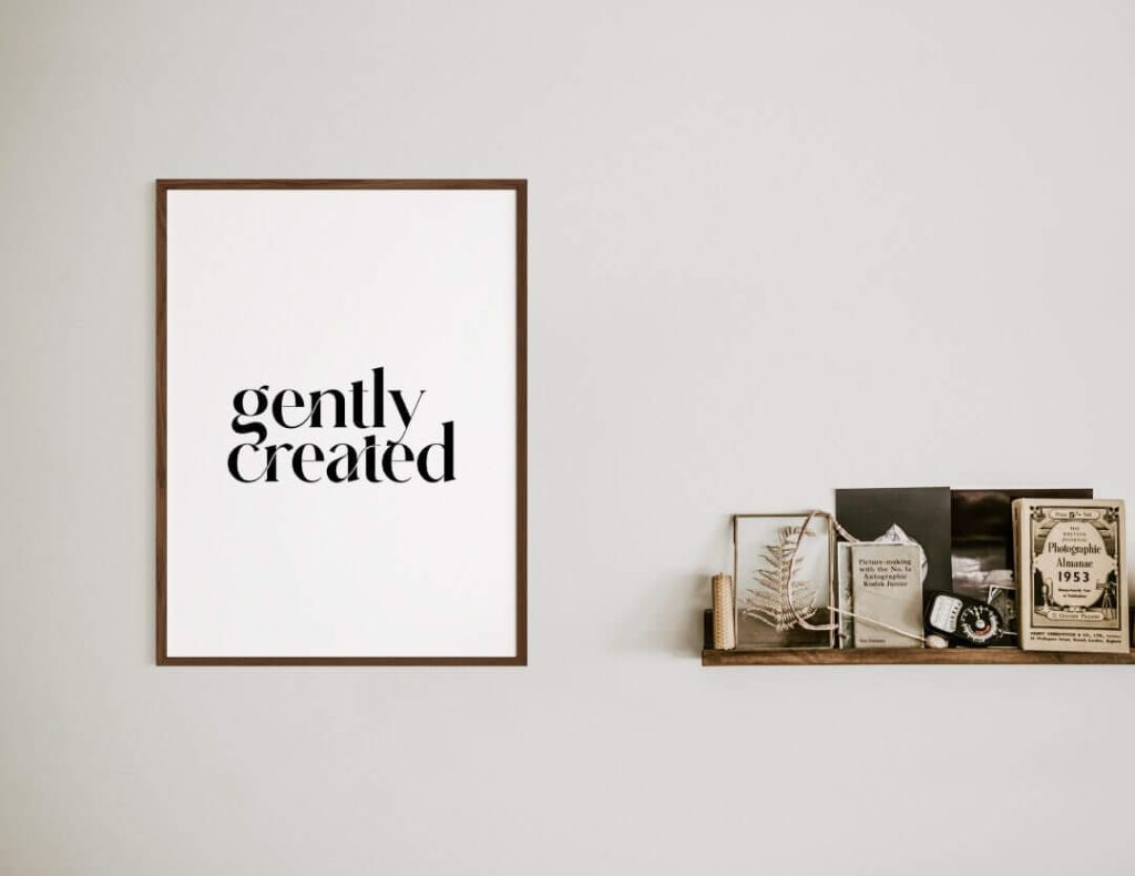 Gently created on a poster next to a shelf featuring vintage nicknacks
